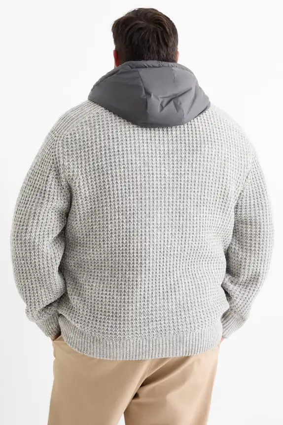 Cardigan with hood - lined - textured light gray