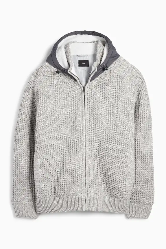 Cardigan with hood - lined - textured light gray