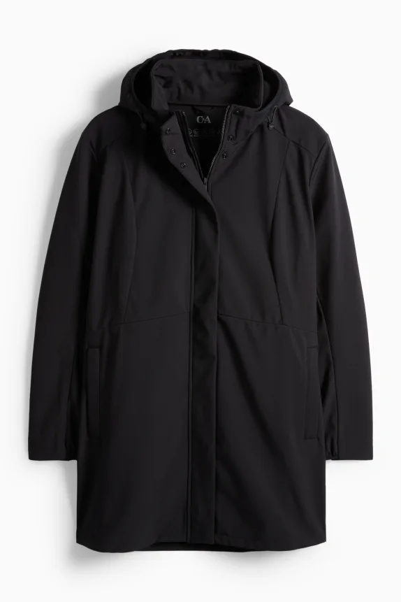 Softshell coat with hood - water-repellent - 4-way stretch black