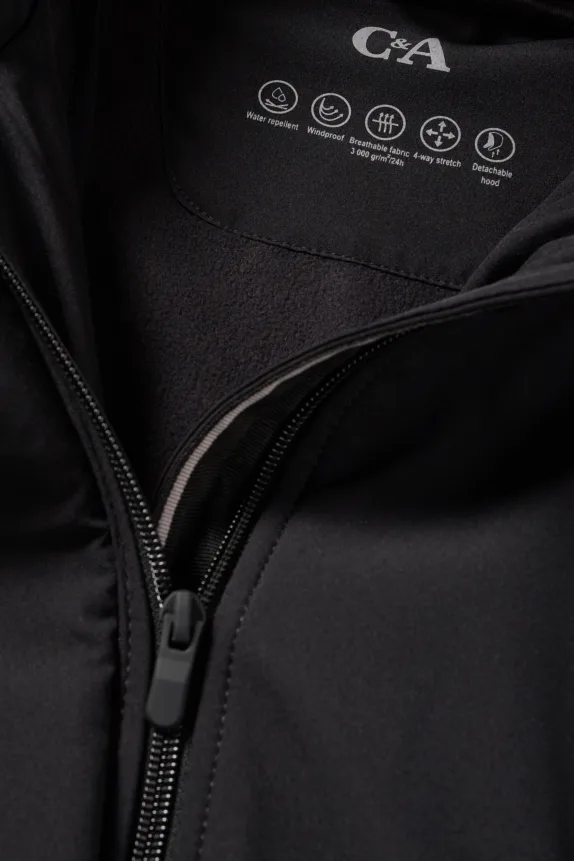 Softshell coat with hood - water-repellent - 4-way stretch black