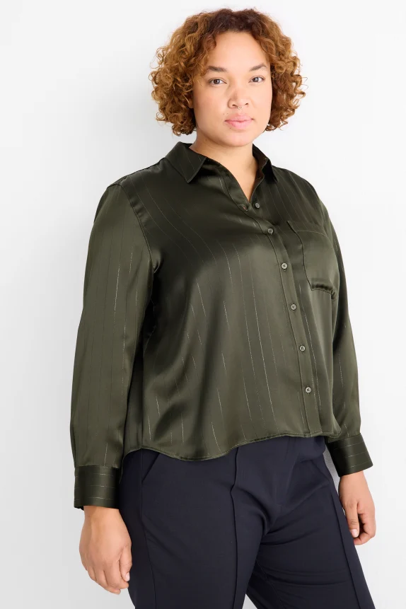 Satin blouse - pinstripes dark green