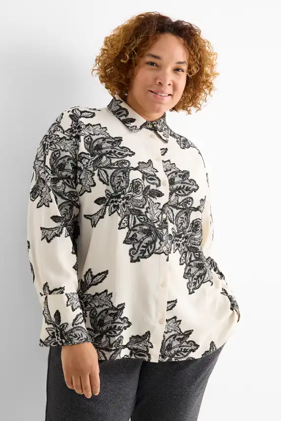 Blouse - floral - textured black / beige