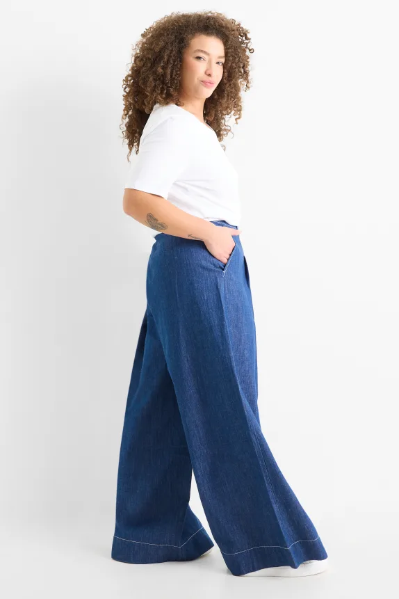 Cloth trousers - high waist - wide leg - denim look blue denim