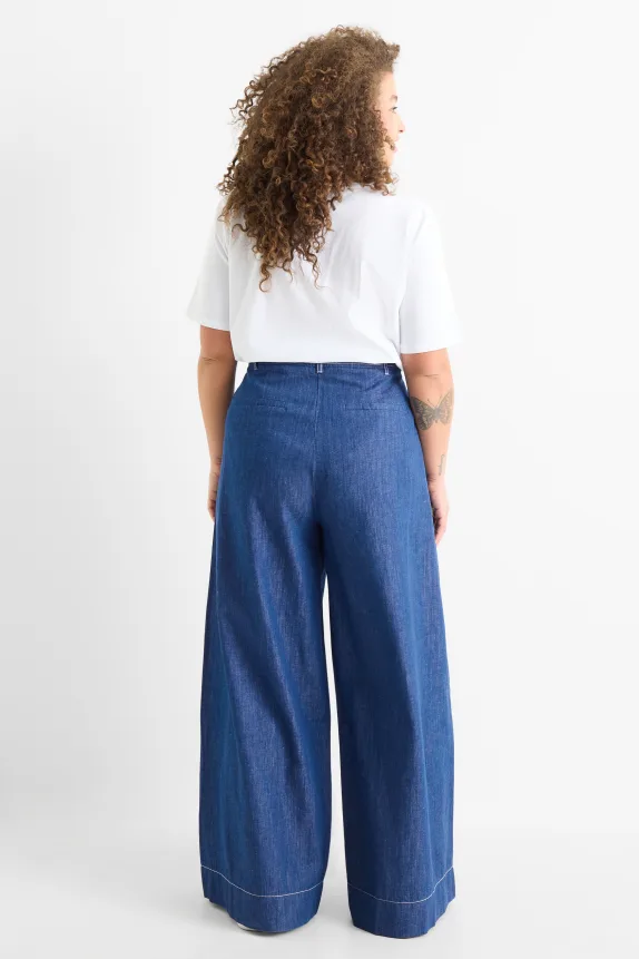 Cloth trousers - high waist - wide leg - denim look blue denim