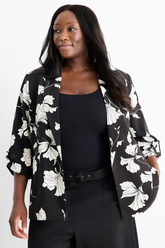 Long blazer - relaxed fit - floral black / white