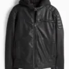 Biker jacket with hood - faux leather black