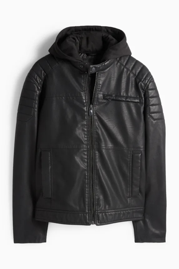 Biker jacket with hood - faux leather black