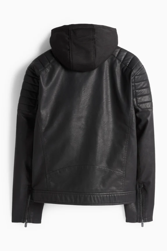 Biker jacket with hood - faux leather black