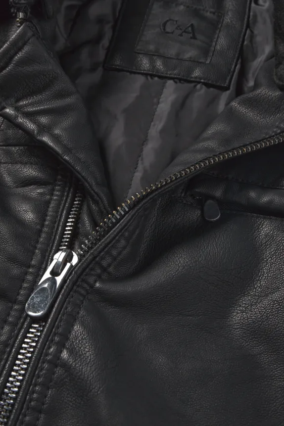 Biker jacket with hood - faux leather black