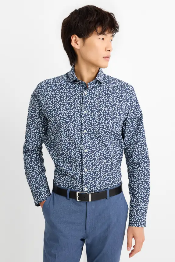 Business shirt - regular fit - cutaway collar - patterned dark blue