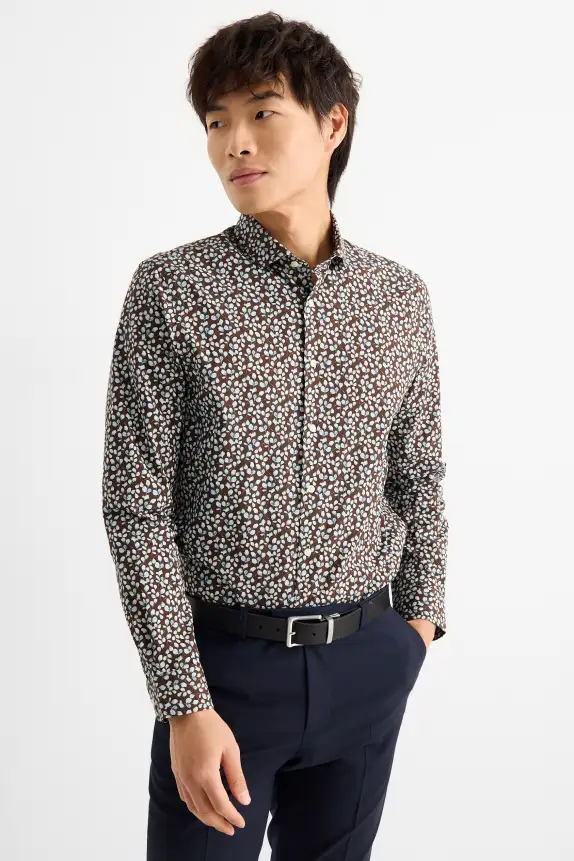 Business shirt - regular fit - cutaway collar - patterned dark brown
