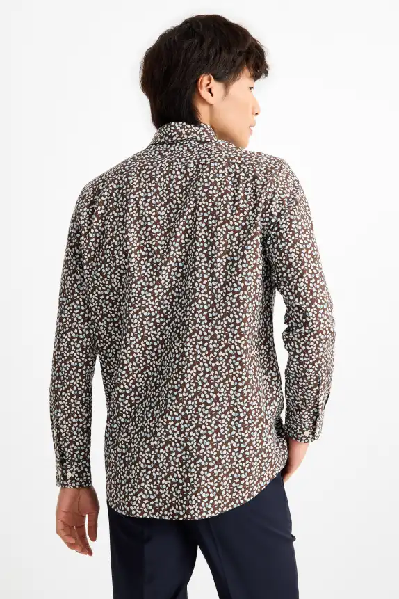 Business shirt - regular fit - cutaway collar - patterned dark brown