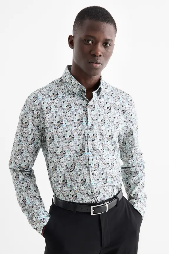 Business shirt - regular fit - button-down collar - patterned gray