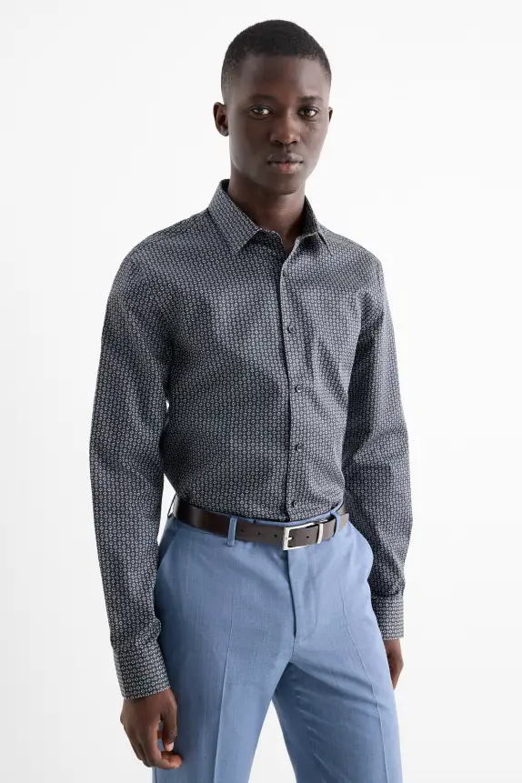 Business shirt - regular fit - kent collar - easy-iron - patterned dark blue