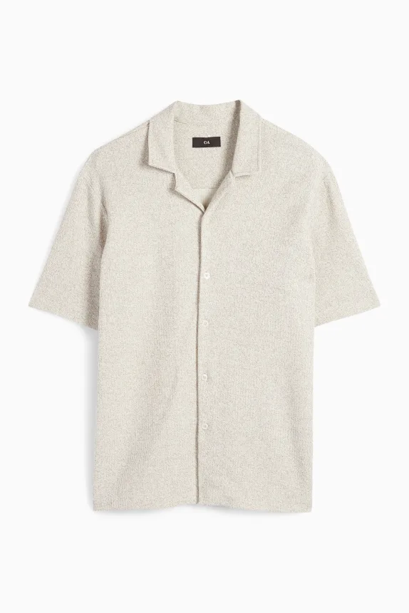 Knitted shirt - regular fit - lapel collar beige