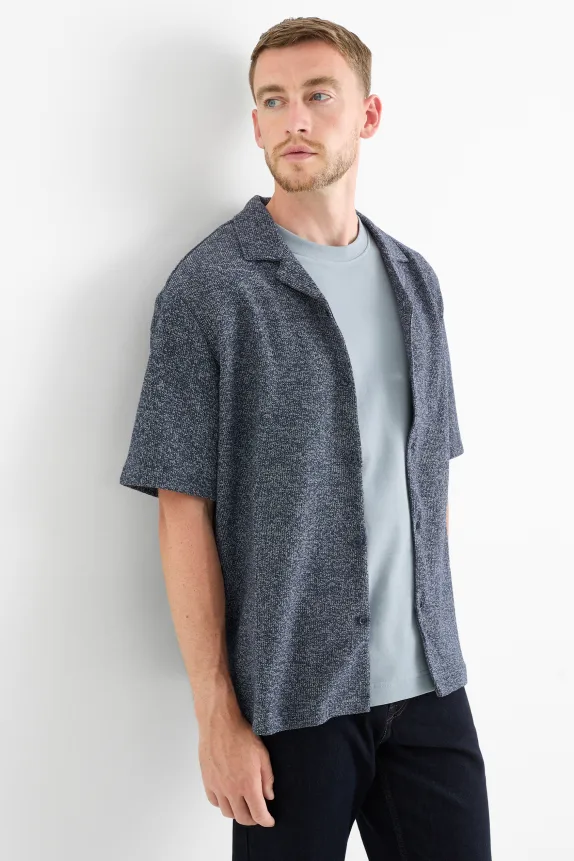 Knitted shirt - regular fit - lapel collar dark blue