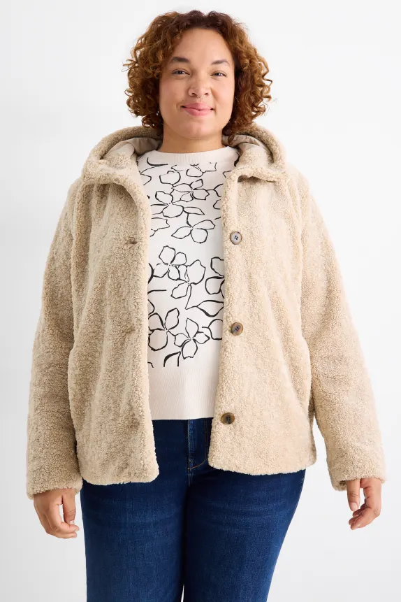 Faux fur jacket with hood beige