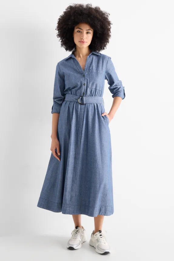 Fit & flare dress with belt - denim look blue