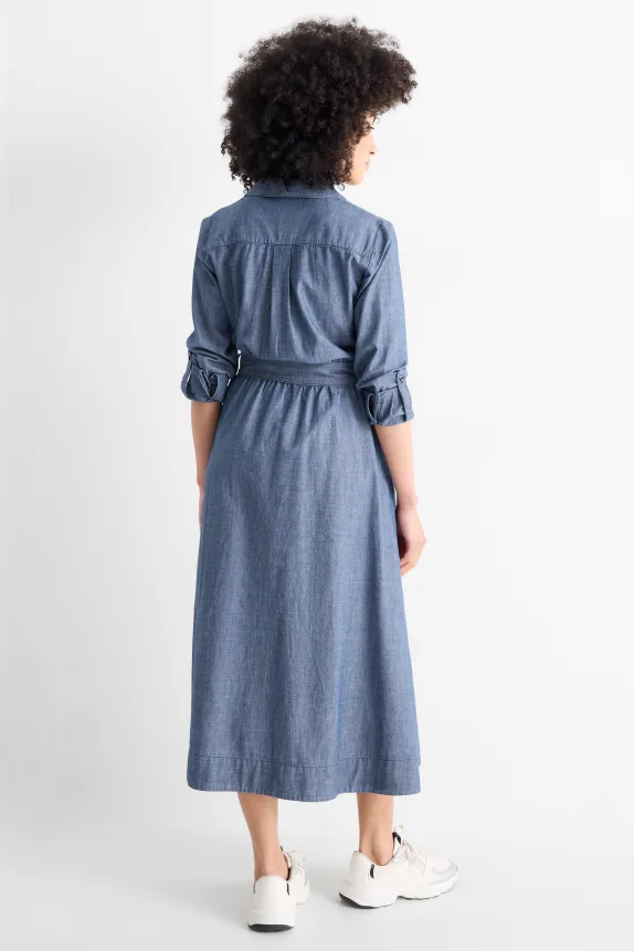 Fit & flare dress with belt - denim look blue