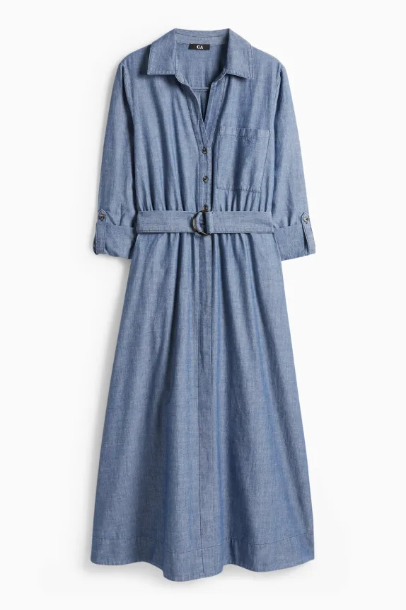 Fit & flare dress with belt - denim look blue