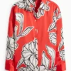 Satin shirt blouse - floral dark orange
