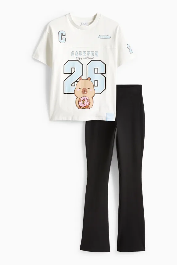 CapyFun - set - short sleeve T-shirt and flared leggings - 2 piece white / black
