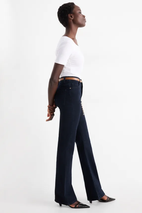 Flared jeans with belt - high waist - LYCRAÂ® denim-dark blue