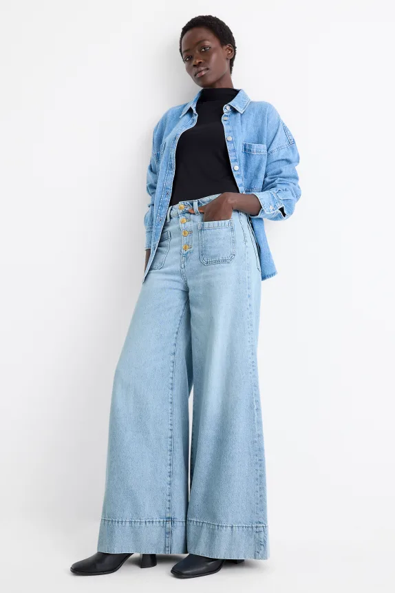 Wide leg jeans - high waist denim-light blue