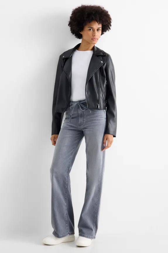 Wide leg jeans - mid-rise waist denim-gray