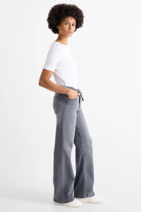 Wide leg jeans - mid-rise waist denim-gray