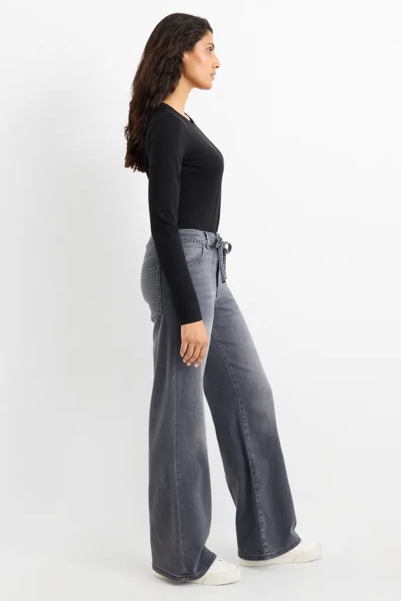 Wide leg jeans - mid-rise waist denim-gray