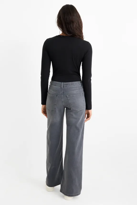 Wide leg jeans - mid-rise waist denim-gray