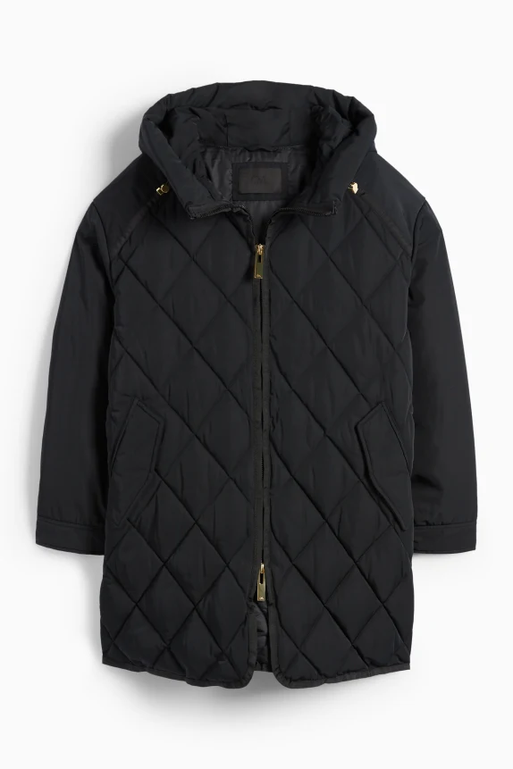 Quilted coat with hood - water-repellent black