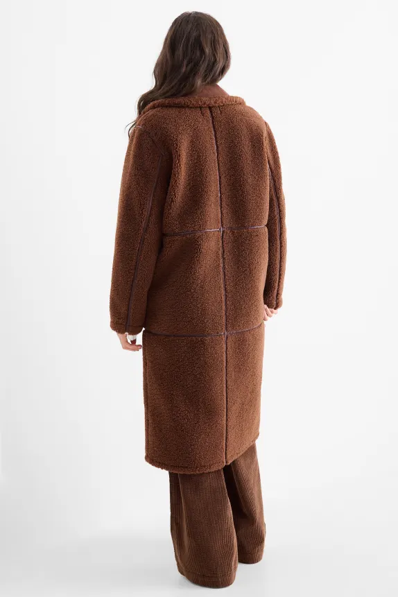 Faux shearling coat - faux leather brown