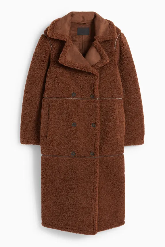 Faux shearling coat - faux leather brown