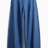 Cloth trousers - high waist - wide leg - denim look dark blue